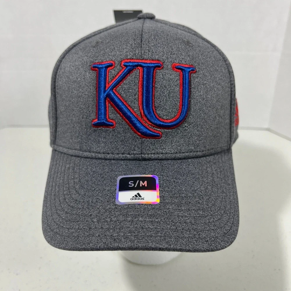 Adidas Kansas Jayhawks Hat Cap Fitted Heathered‎ Gray Red Logo S/M